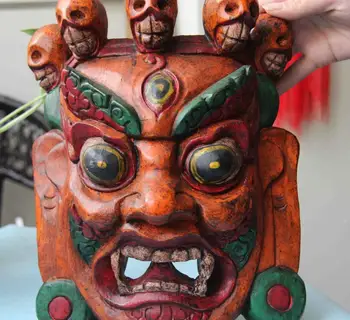 

Chinese Buddhism Old Wood handwork Carve Painted Mahakala Buddha Head Face Mask