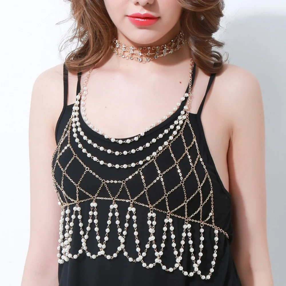 

Bohemia Imitation Pearl Bra Bikini Chain Vintage Beads Necklace Body Chest Chains for Women Beach/Party Charm Jewelry