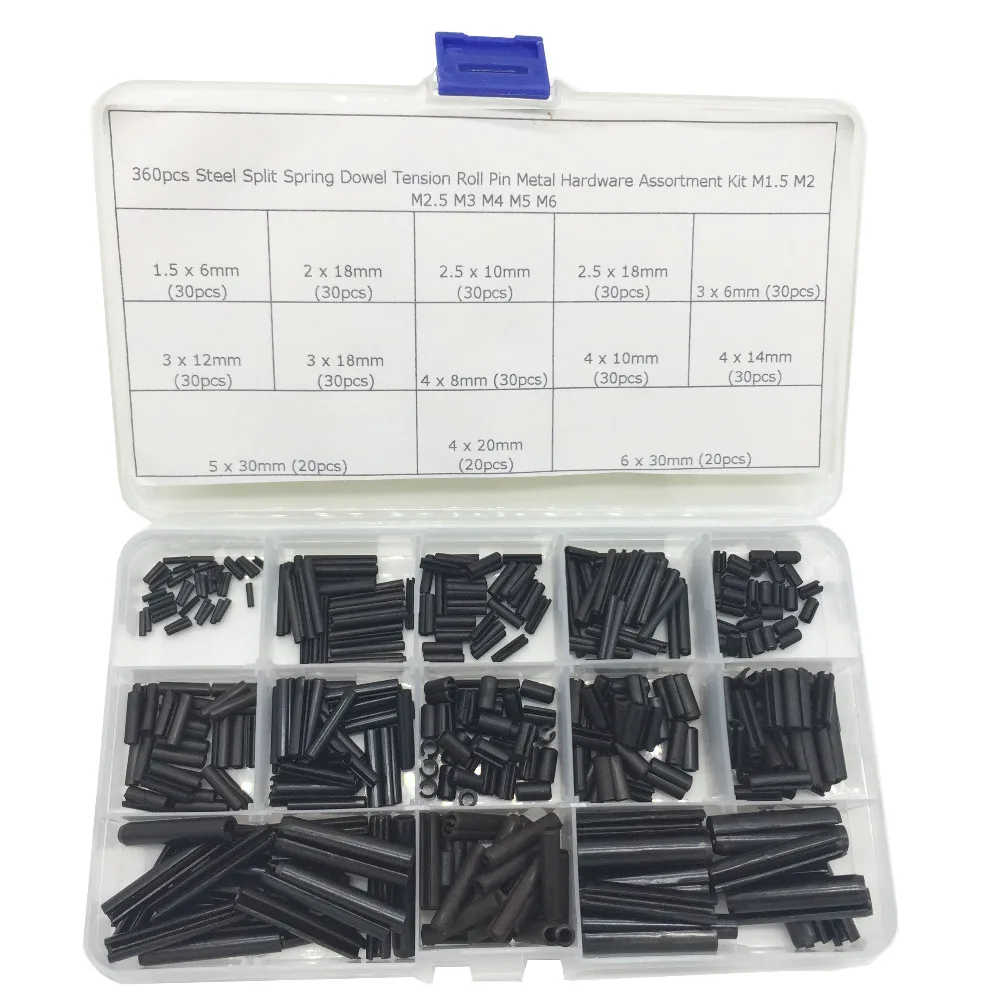

360pcs Steel Split Spring Dowel Tension Roll Pin Metal Hardware Assortment Kit M1.5 M2 M2.5 M3 M4 M5 M6