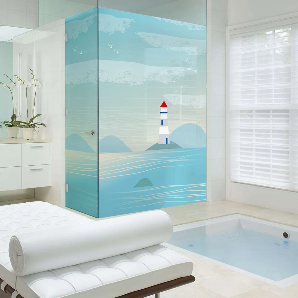 

Stained Static Cling Window Film Frosted Opaque Privacy Glass Sticker Home Decor Digital print BLT1165 Sea Blue