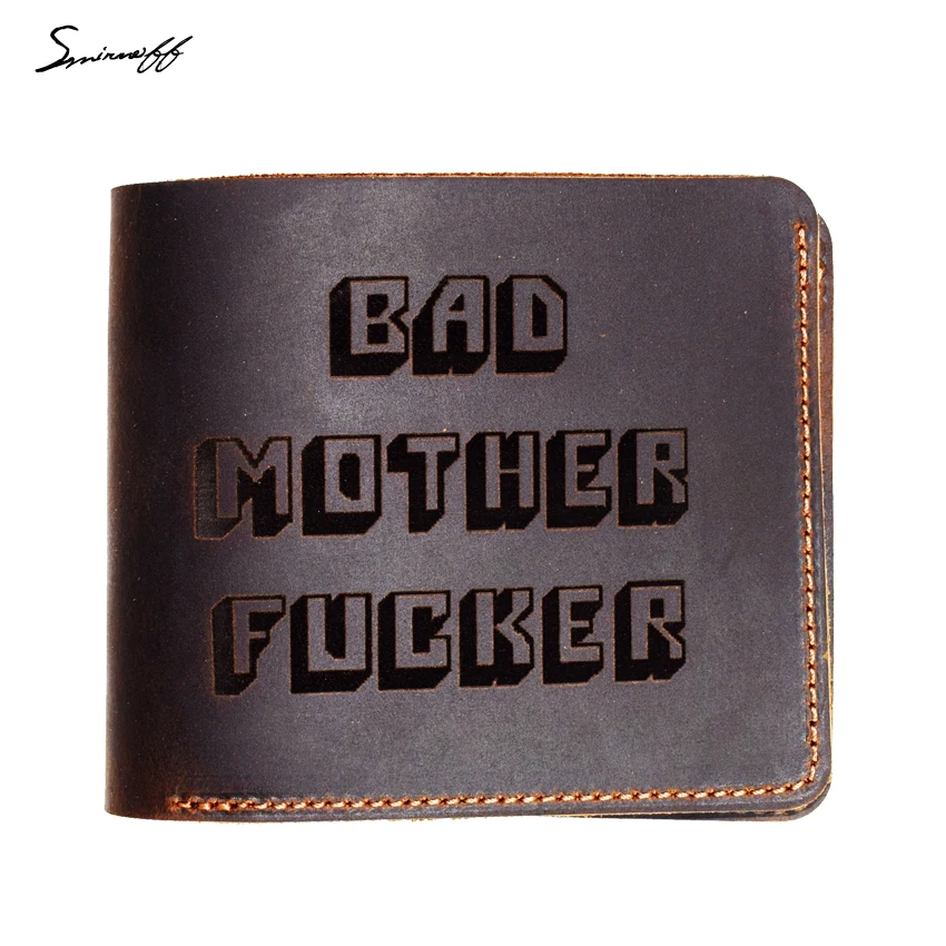 

Genuine Leather Men Wallet Creative laser engraved Bad Mother Letters Vintage Card Holder Purse Short Wallet Men