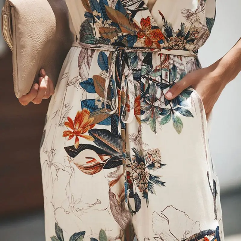 Женские летние ремни с цветочными принтами, комбинезон с v-образным вырезом и высокой талией, длинные штаны с завязками на талии