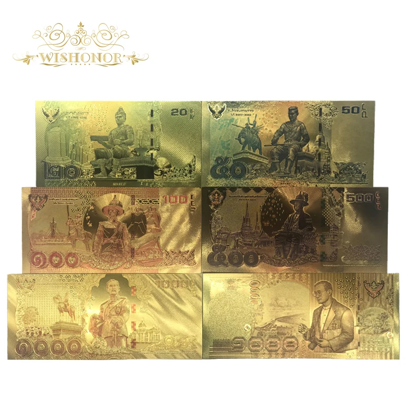 6 шт./лот 24 к цвет Таиланд банкноты 20 50 100 500 1000 батов Золотая фольга банкноты в 24 к позолоченные бумажные деньги для сбора
