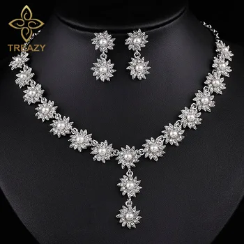 

TREAZY Luxury Bridal Jewelry Sets Simulated Pearl Crystal Flower Long Necklace Earrings Sets Wedding Engagement Party Jewelry