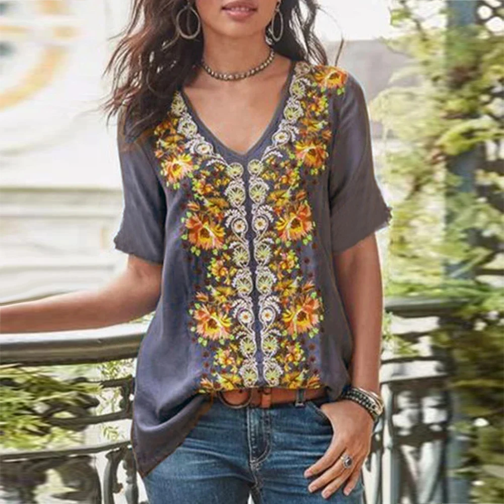 Plus Size Tunic Vintage Floral Print Short Sleeve Blouse Female V-Neck Casual Patchwork Shirt Women's Summer Blouses 2019