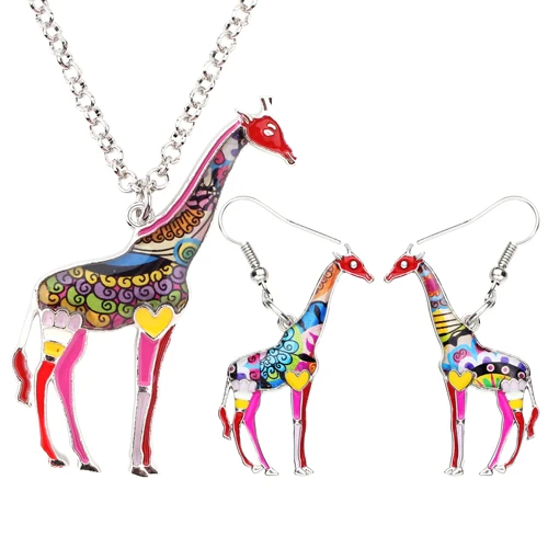 Bonsny эмалированный Сплав Цветочные африканские джунгли серьги в виде жирафа Ожерелье Ювелирные наборы для женщин девочек подарок для подростков дикие животные подвески - Окраска металла: Red