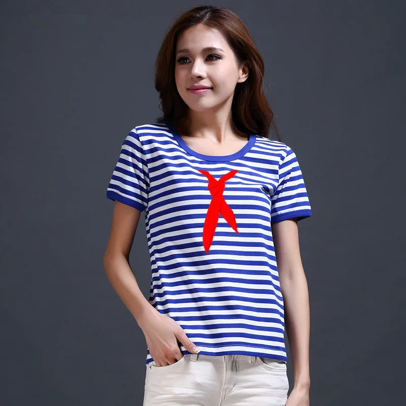 Vintage Sea Striped Shirt Women T Shirts Red Scarf Printed T Shirt