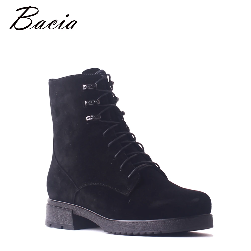

Bacia Women Kids Suede Boots Genuine Leather Wool Fur Short Boots Black Lace-Up Thick Heels Shoes Winter Warm Ankle Boots SB100