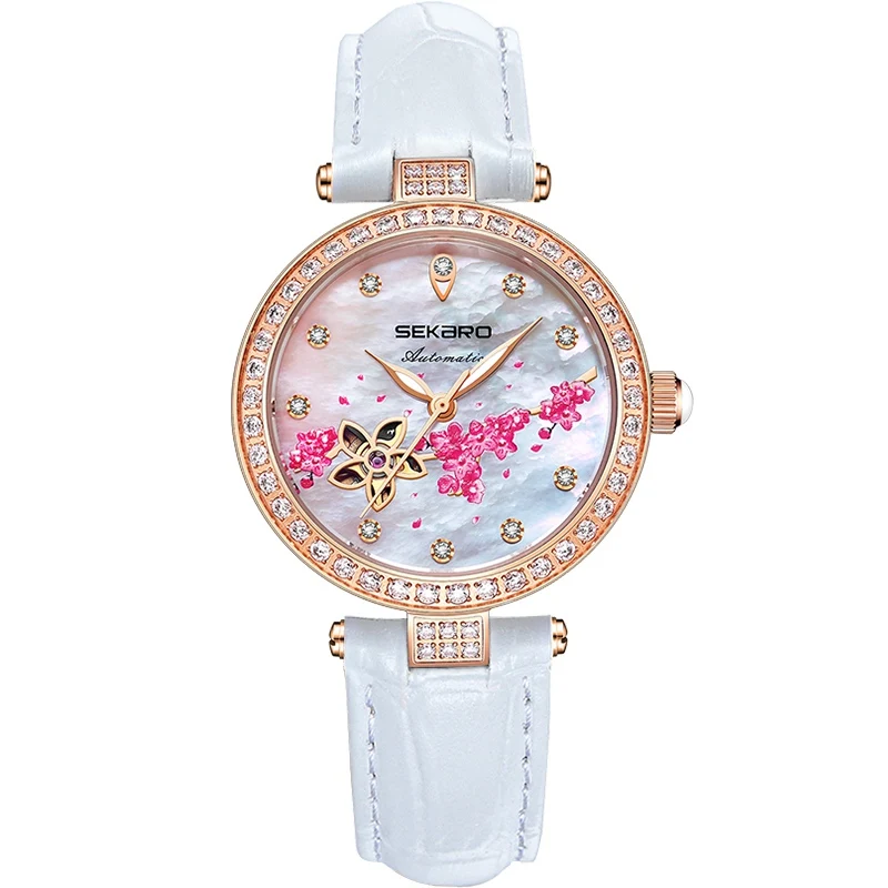 Sekaro, женские автоматические часы, цветочный дизайн, часы, женские механические наручные часы, Топ бренд, роскошные женские часы, Relogio Feminino - Цвет: White