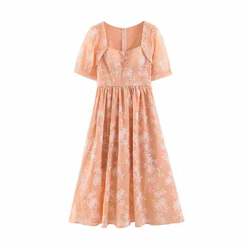

women elegant vintage polka dots print square collar ankle length dress short sleeve female retro A line dresses