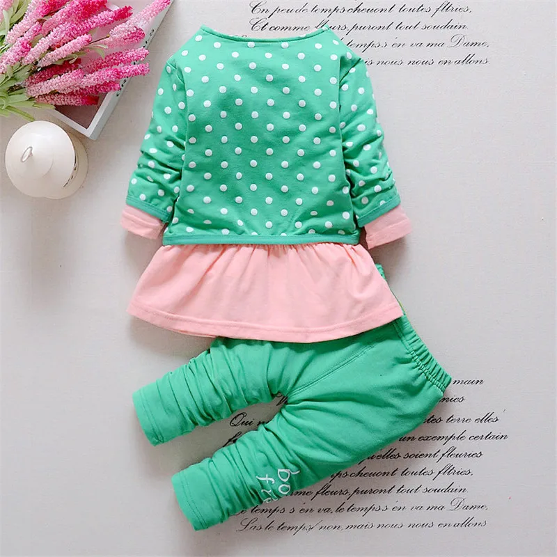 Новые весенние детские комплекты одежды BibiCola 3 предмета модный комплект одежды с мультипликационным принтом для девочек жакет в горошек+ рубашка с длинными рукавами+ штаны