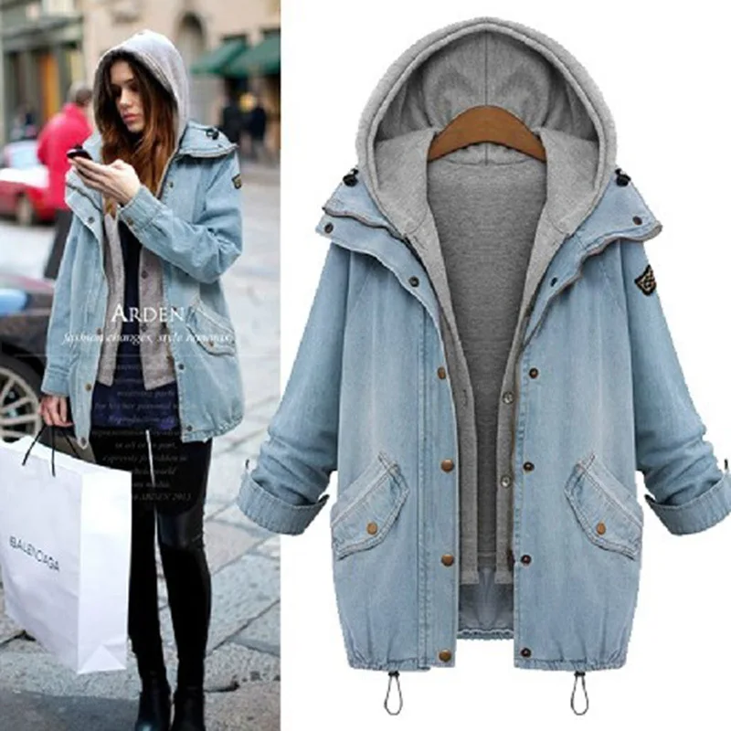 

Autumn winter new large size women's denim coat streetwear solid loose thin hooded coat vest tops women two-piece
