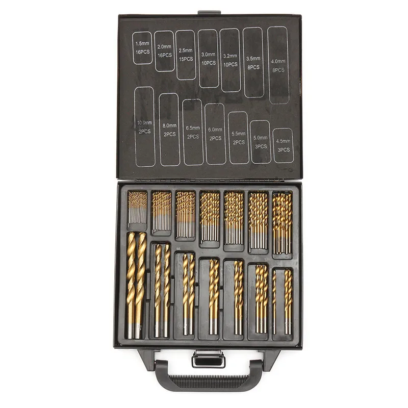

Iron Box packing 99PCS HSS Twist Drill Bits Set 1.5-10mm Titanium Coated Surface 118 Degree For Drilling woodworking