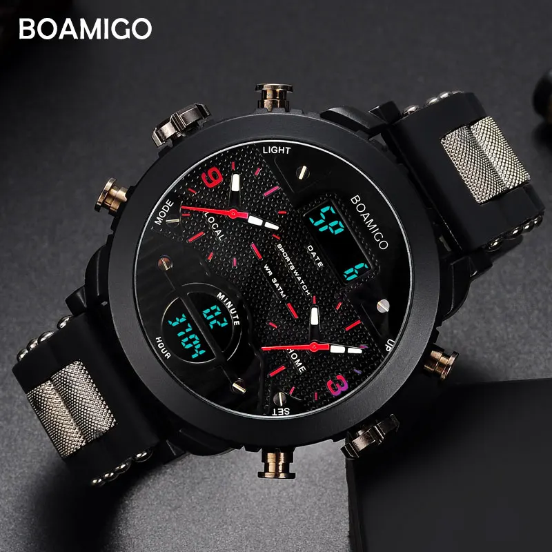 الرجال الساعات BOAMIGO العلامة التجارية 3 المنطقة الزمنية العسكرية الساعات الرياضية الذكور LED الرقمية الكوارتز المعصم هدية مربع relogio masculino الرجال الساعات BOAMIGO العلامة التجارية 3 المنطقة الزمنية العسكرية الساعات الرياضية الذكور LED الرقمية الكوارتز المعصم هدية مربع relogio masculino