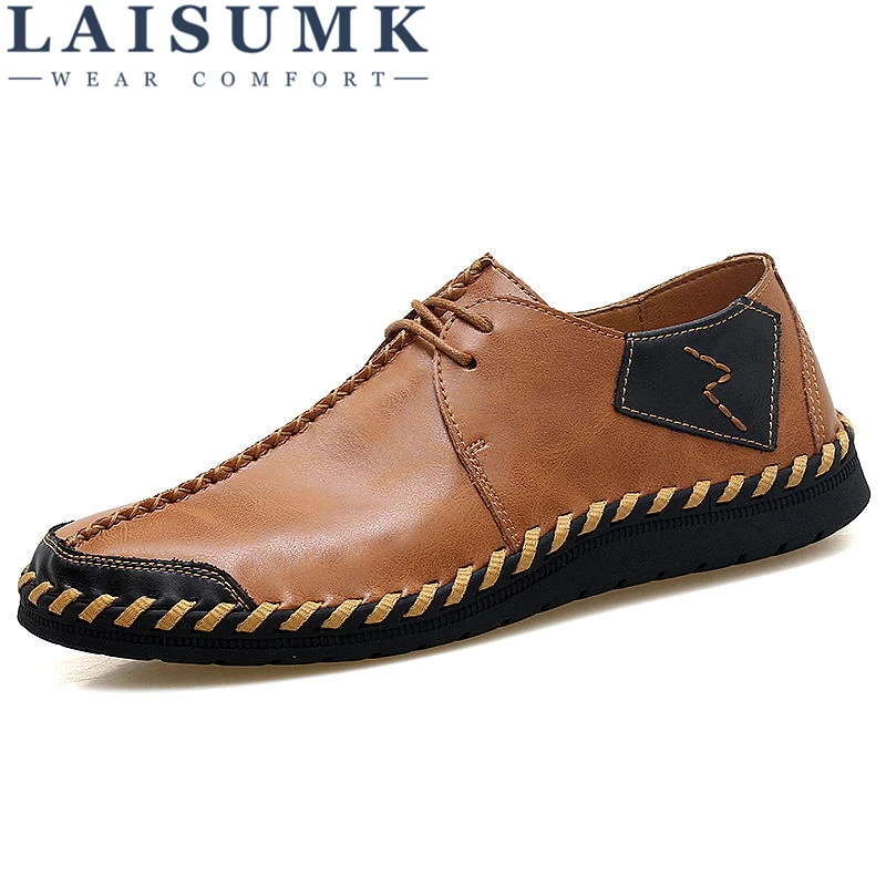 

LAISUMK Brand Mens Casual Shoes Big Size Handmade Split Leather Men Flats Lace Up Men Loafers Moccasins Male Designer Footwear