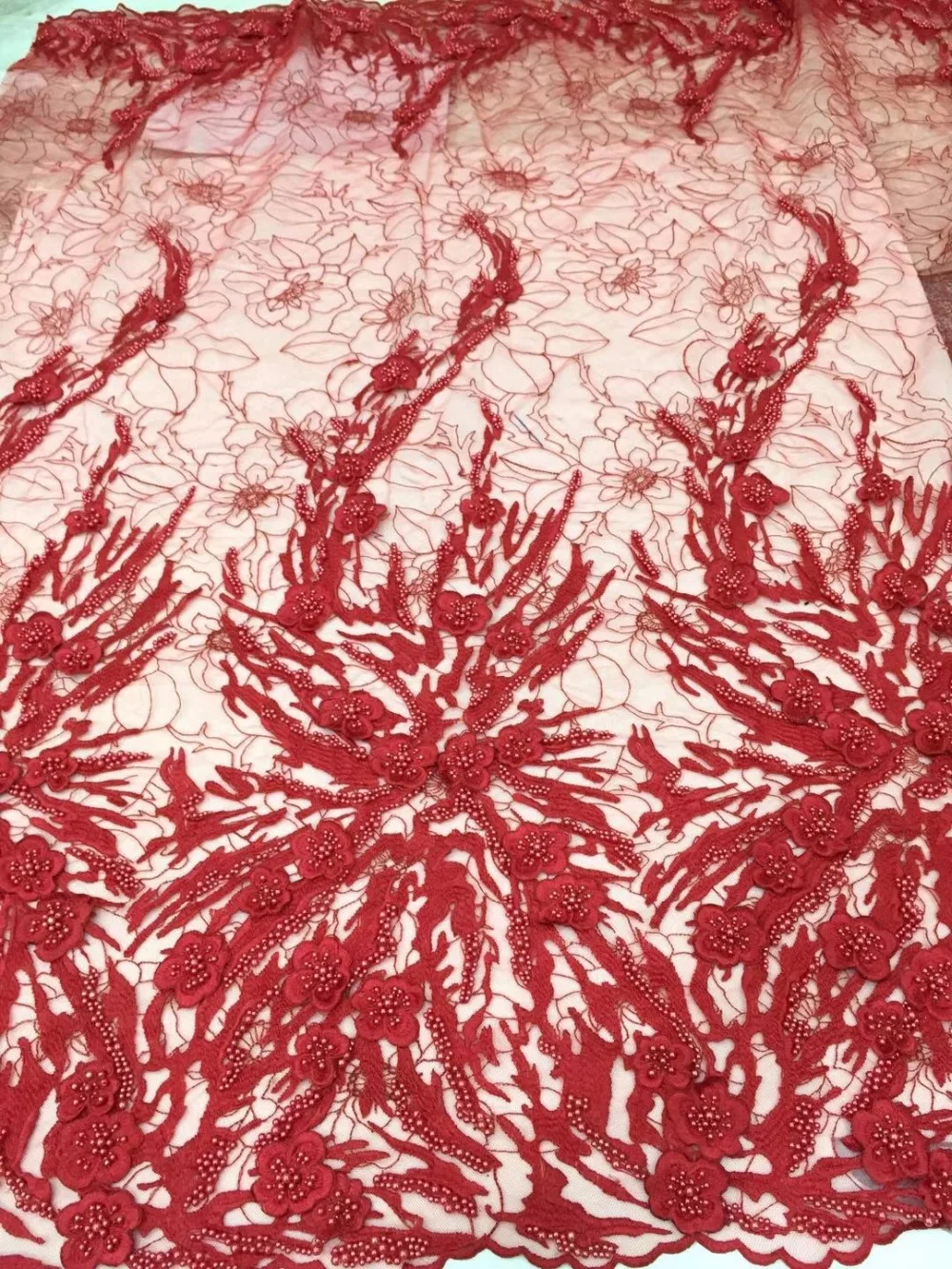 

Latest Style beads Lace Fabric 2018 High Quality Red embroidered Fashion 3D applique African French Lace Fabric