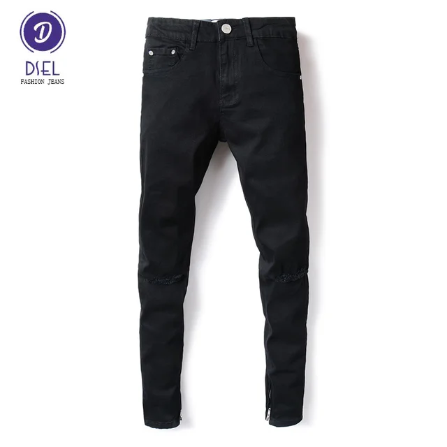 Buy Fashion Streetwear Mens Jeans Knee Hole Black