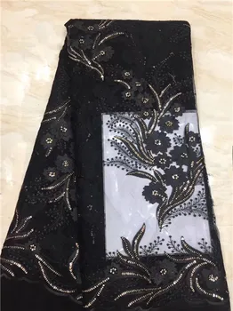 

Hot Sale french lace 5yards/lot cheap african sequins lace fabric black high quality 3d african tulle lace fabric C5
