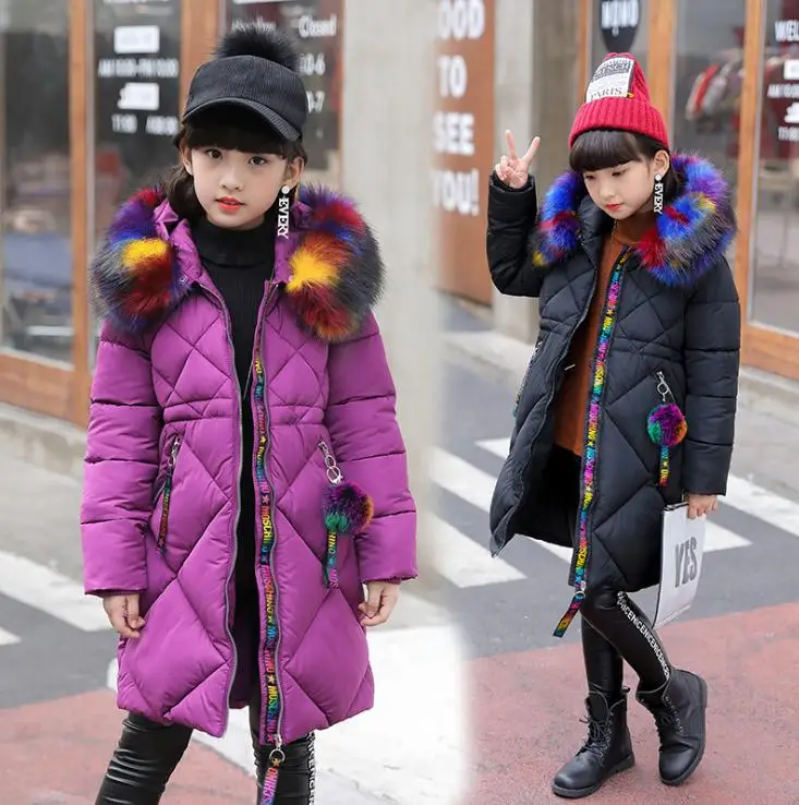 

-30 degrees Girls cotton-padded Outerwear & Coats 2018 Winter Children Warm Clothes fashion multicolour Fur Collar Jacket 3-13 Y