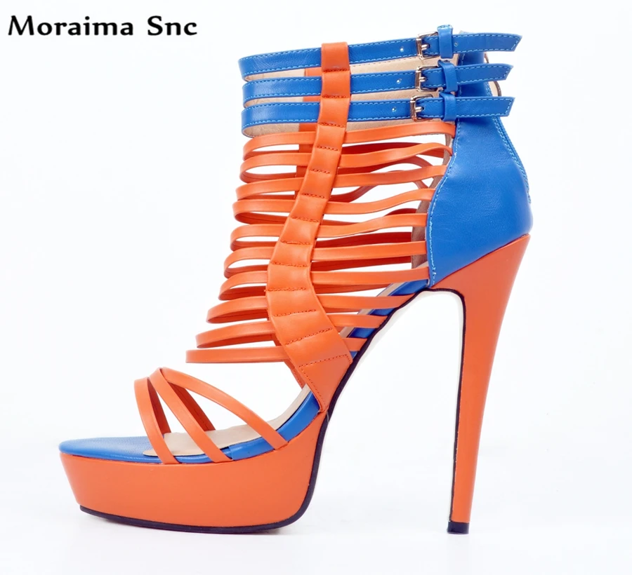 

Moraima Snc Mixed colors Narrow Band Ankle strap Buckles thigh heel peep toe fashion women Sandals party sexy for ladies