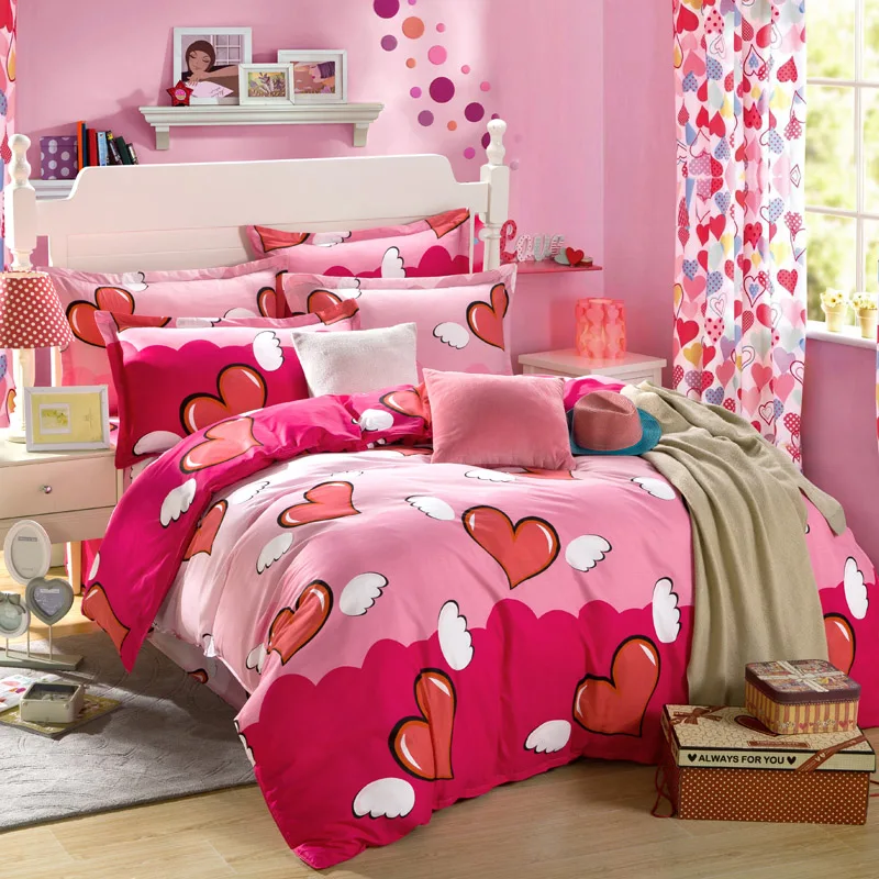 

Cotton Bedspread Red Heart Printed Bedding Sets for Girls 100%cotton High Quality Bed Cover Sets King Size Bedding