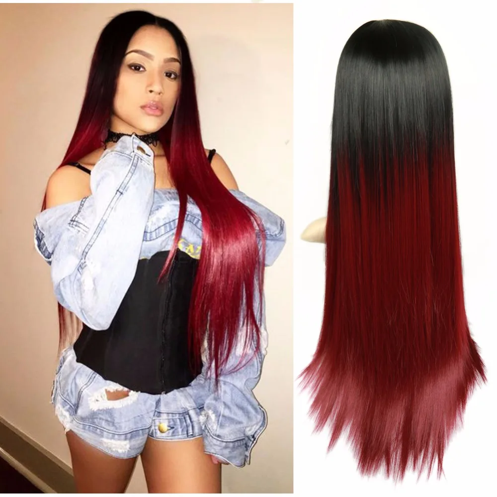 Wignee длинные прямые волосы Ombre светло-розовый высокой плотности температура Синтетический парик для черный/белый для женщин косплэй