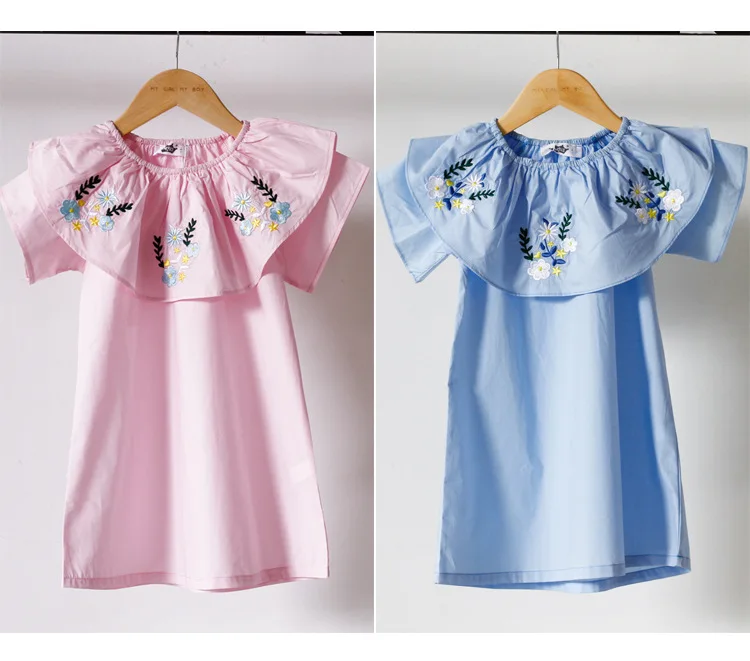 cotton embroidered floral pattern baby teenage girl summer dress 2017 ruffles pink blue flowers embroidery children dresses for kids girls  clothing  2 3 4 5 6 7 8 9 10 11 12 13 14 15 years litle big girls children girl dress child clot - 