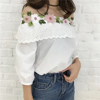 

EFINNY Girls Embroidered Flower Neck Slash Blouse Women Off Shoulder three Quarter White Blouse