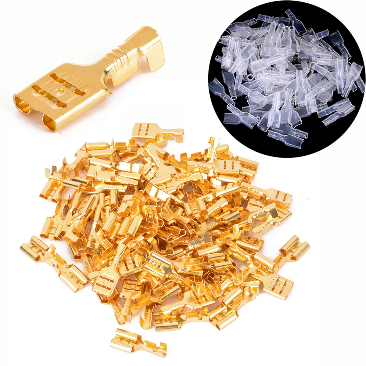 100pcs Practical 6.3mm Brass Crimp Terminals Female Spade Connectors with Transparent Insulating Sleeve 22-16AWG