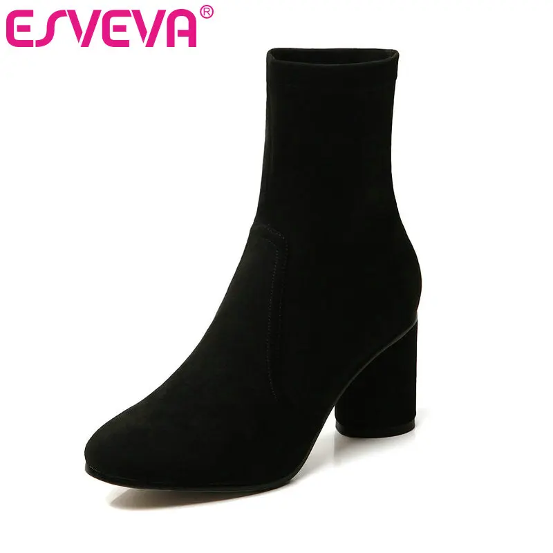 

ESVEVA 2020 Women Shoes Winter Ankle Boots Flock Square High Heel Motorcycle Fashion Pointed Toe Platform Boots Size 34-40