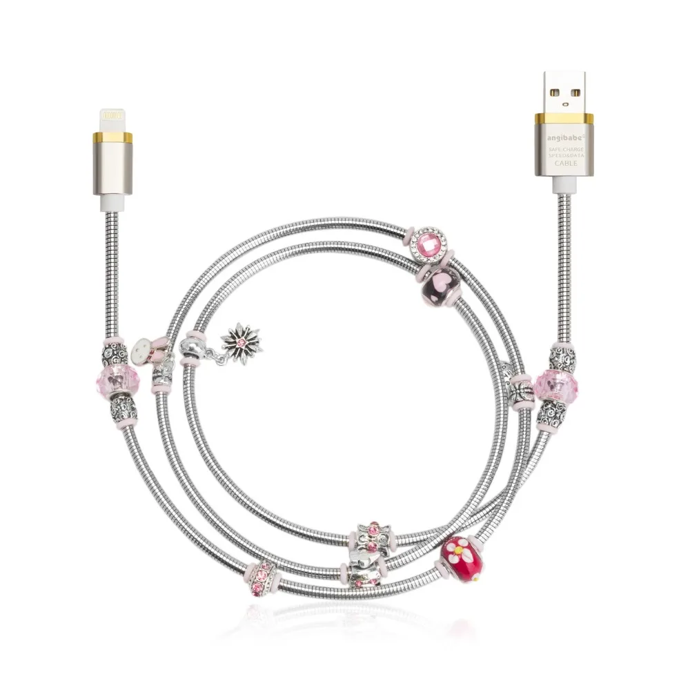 

(Pink) ANGIBABE wire spring USB Cable 2A 1M DIY inlay Diamond Fast Charging Data Cable for iPhone8 7 6 6s Plus 5 5s iPad Air
