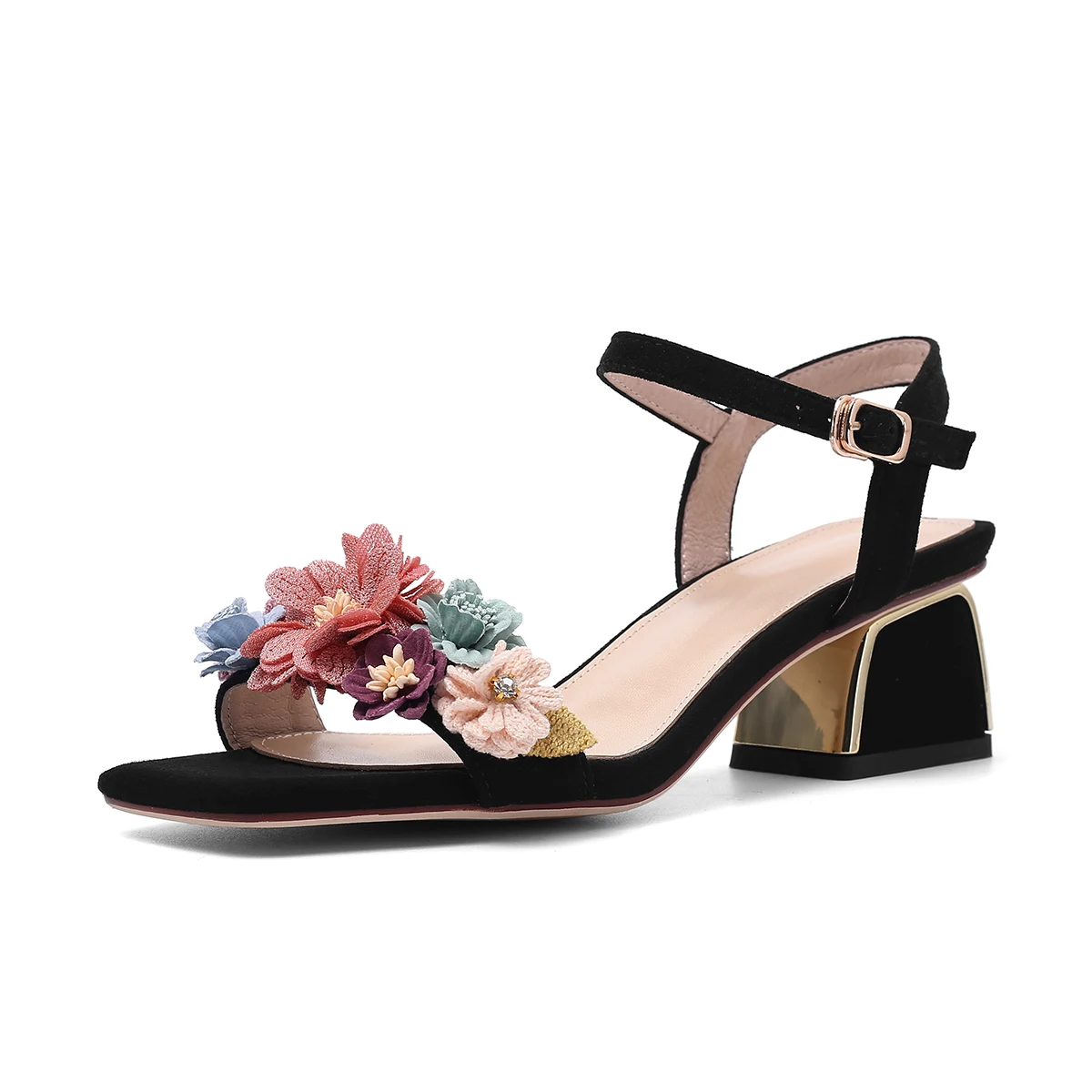 Летние сандалии из натуральной кожи на высоком каблуке с цветочным принтом; женские сандалии с ремешками на лодыжках; Повседневная обувь для офиса; женская обувь; размеры 34-42 - Цвет: Черный