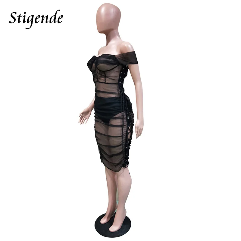 Stigende пикантные с открытыми плечами See Through сетки платье для вечерние короткий