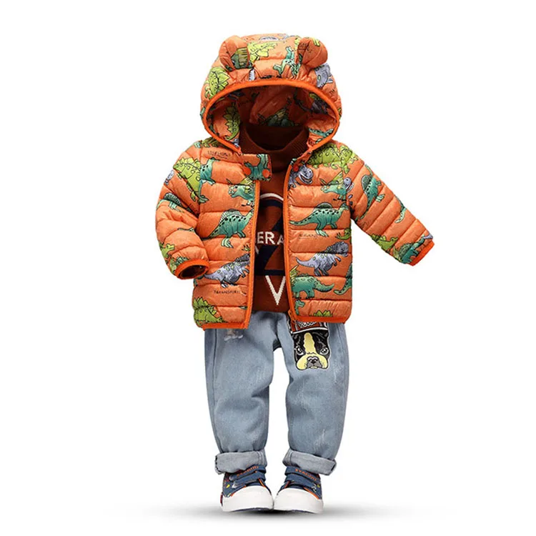 Benemaker/зимние куртки с динозаврами для мальчиков, одежда для маленьких девочек детская одежда плотные пальто, Комбинезоны Детская верхняя одежда с капюшоном, JH092 - Цвет: Orange