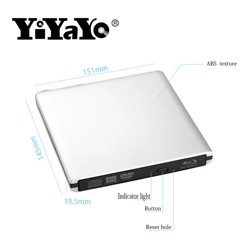 YiYaYo USB 3,0 Blu-Ray привод Внешний Оптический BD-ROM DVD-ROM 3D Player CD/DVD RW горелки читать ноутбук для Windows 10/7/8