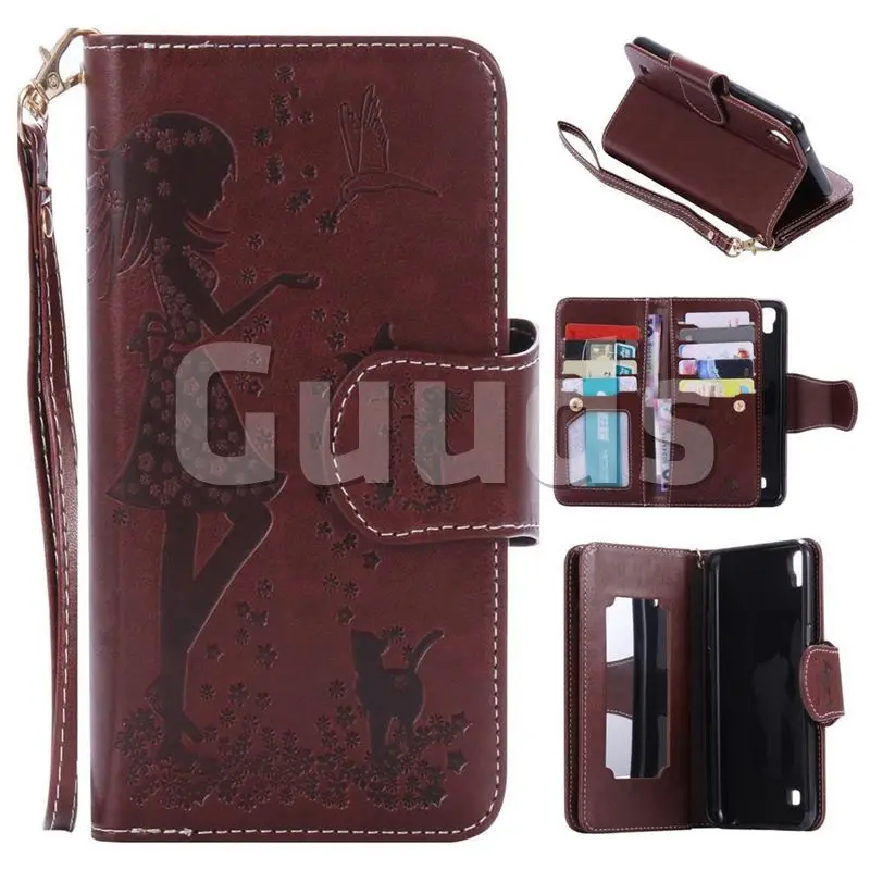 Embossing Cat Girl 9 Card Leather Wallet Case for LG X Power LS755 K220DS K220 US610 K450 - Brown