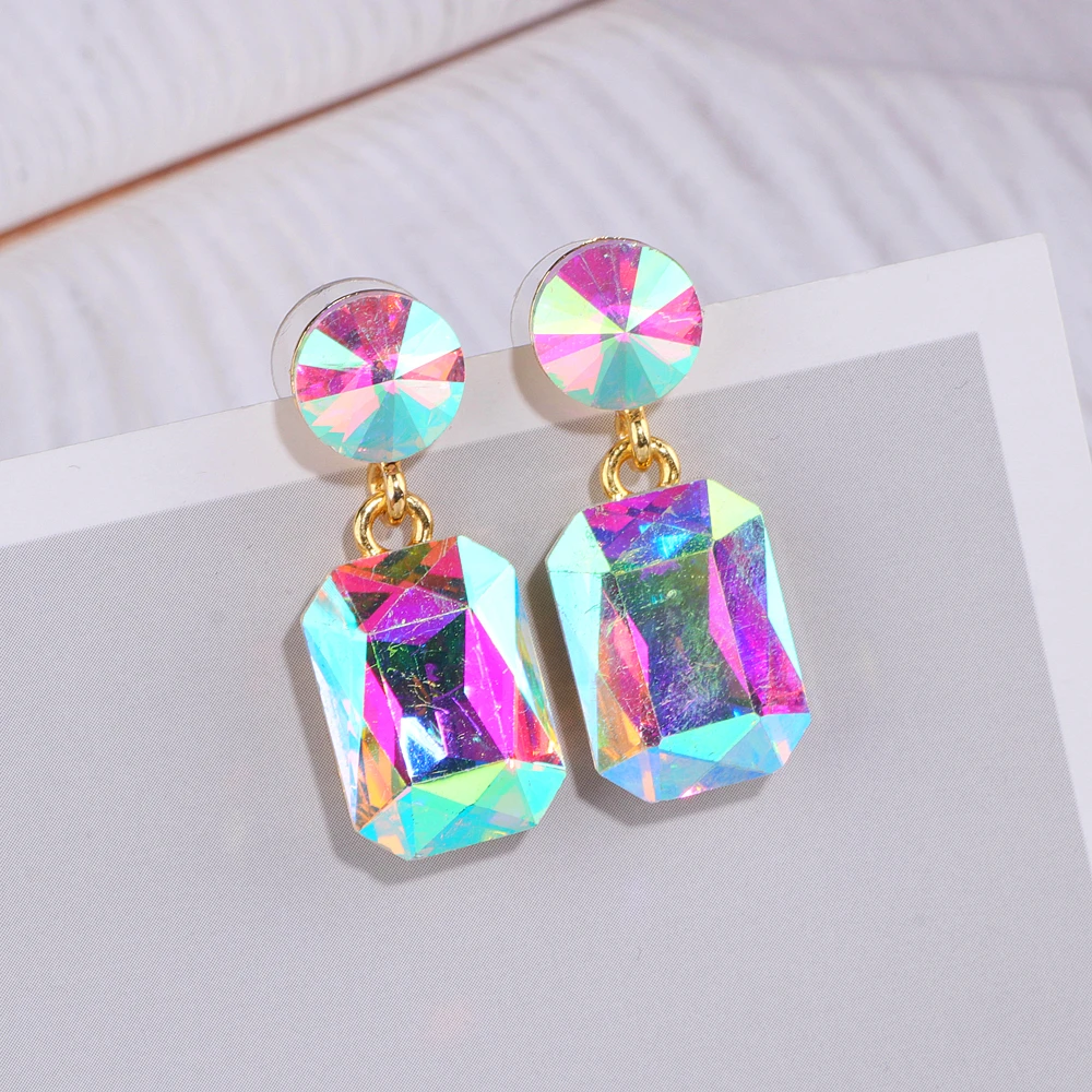 

Luxury Colorful Big Crystal Earring For Women Gold Color Square Crystal Dangle Earrings Brincos Wedding Party Gifts Bijoux WX186