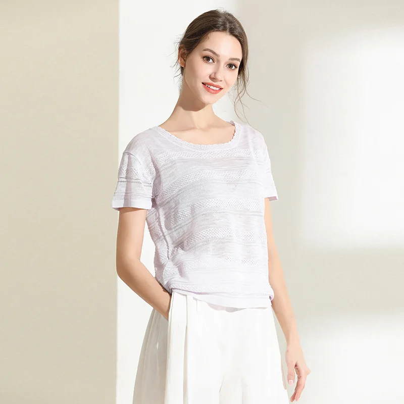 

Summer new casual loose solid color cotton and linen t shirt women Fashion simple thin light comfortable short knit short sleeve