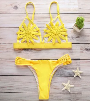 

Sport Yellow Ladder Cut-Out Appliques Bikini Set Triangle Solid Beach Holiday Hot Sexy Swimsuit Women Summer Swimwear