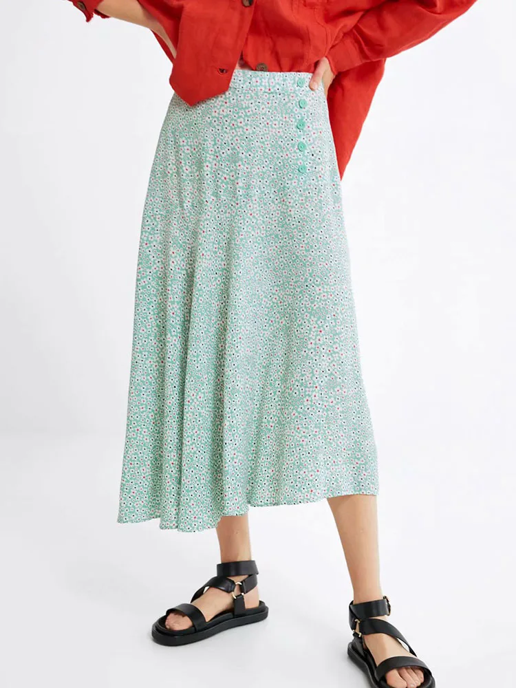 

Vintage Chic Small Floral Print Asymmetrical Skirt 2019 Women Stylish Side Single Breasted Pleated Skirts Casual Jupe Femme