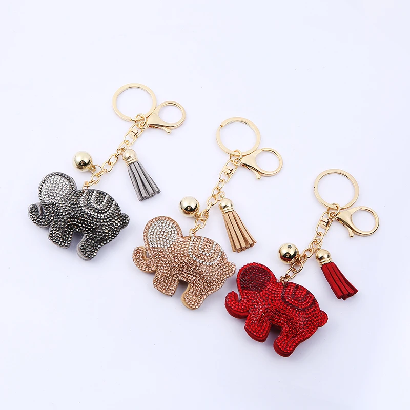 The latest Cute Elephant Keychain Leather tassel Crystal Elephant Key