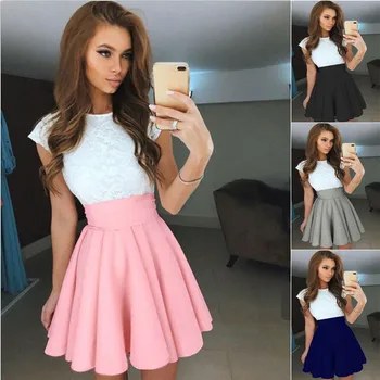 

2018 New Fashion Skirt Women Clothing High Waist Pleated Ball Gown Skater Vintage Casual Knee Length Tutu Short Skirt Blue Black