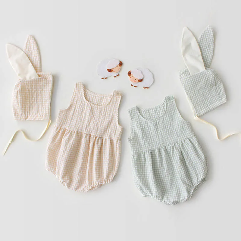 

Summer Fashion Leisure Style Baby Girl Sleeveless Romper Baby Girl Clothes Jumpsuit Toddler Girl Cotton Plaid Romper+Rabbit Hat