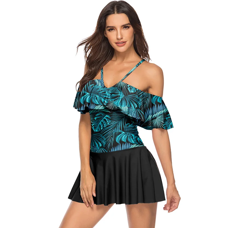 

2019 New Sexy Retro Print Tankini Swimwear Women Plus size Swimsuit Skirt Off Shoulder Push up Ruffle Bathing suit Dress Bikini