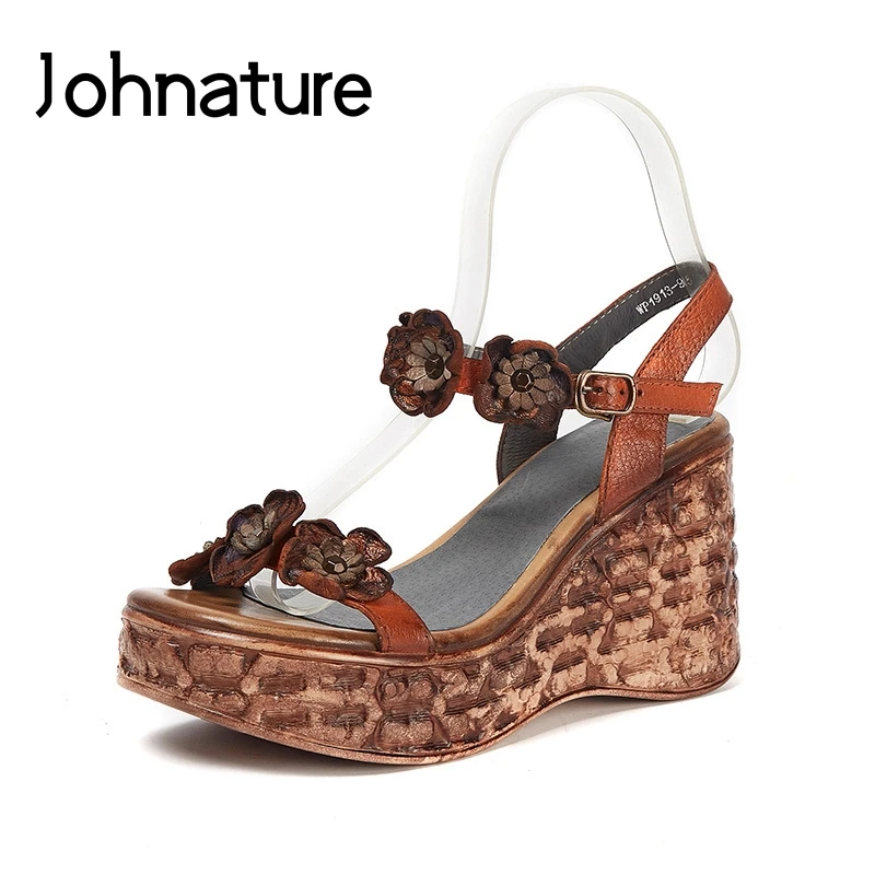

Johnature Genuine Leather Casual Buckle Strap Platform Summer Sandals Floral Retro Super High Heels Wedges Women Shoes