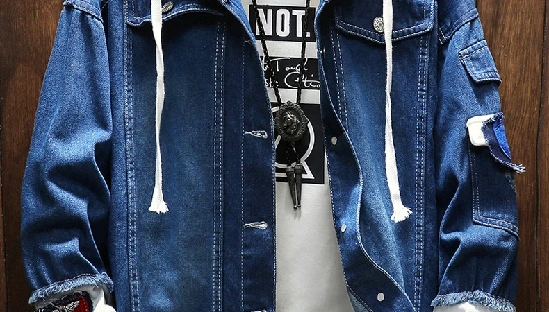 Весенняя и осенняя Новая мужская джинсовая куртка, трендовая индивидуальная сшитая фальшивая двухкомпонентная повседневная мужская куртка с капюшоном и вышивкой