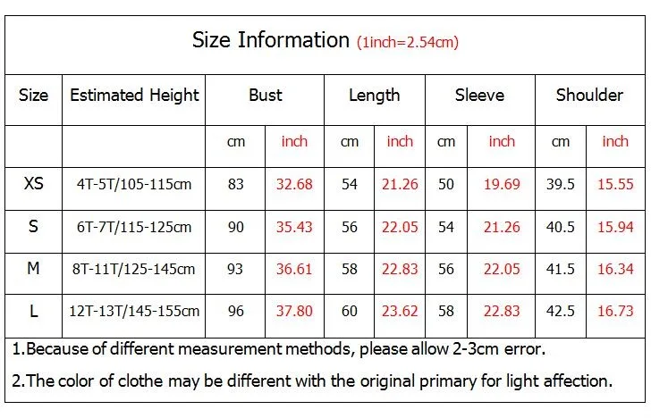 Size table for kids hoodieTZ