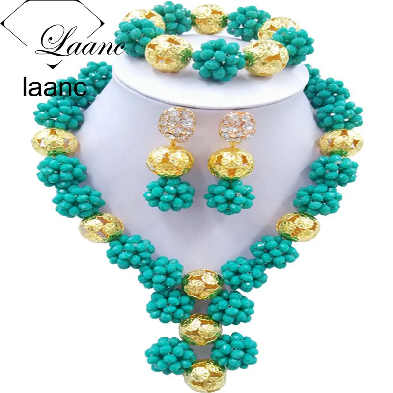 

Laanc Cyan Green Nigerian Wedding African Bead Jewelry Set for Women CB1R003