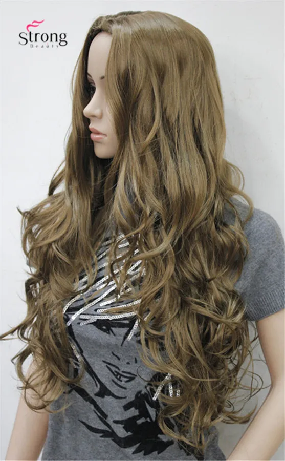 Длинный волнистый верх кожи, без челки, полный синтетический парик темно-коричневые парики выбор цвета