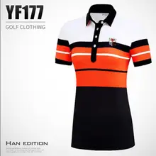 Новинка, одежда для гольфа, Женская весенне-летняя полосатая футболка с воротником на пуговицах и отворотами, с короткими рукавами, удобная дышащая спортивная одежда